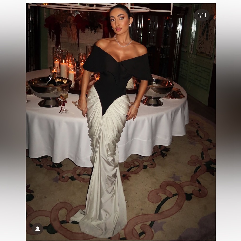 Elegant Black and White Off-Shoulder Gown custom from Dubai as seen on Noor
